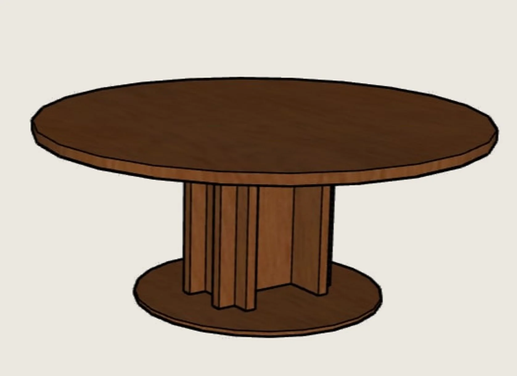 SketchUp model of a round table: a solid top on a pedestal of vertical boards set in a cross, standing on a round plinth.