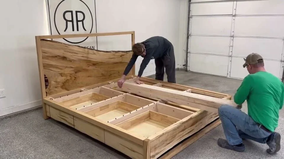Still from the film “A king platform bed from a single slab, shop sound only”.
