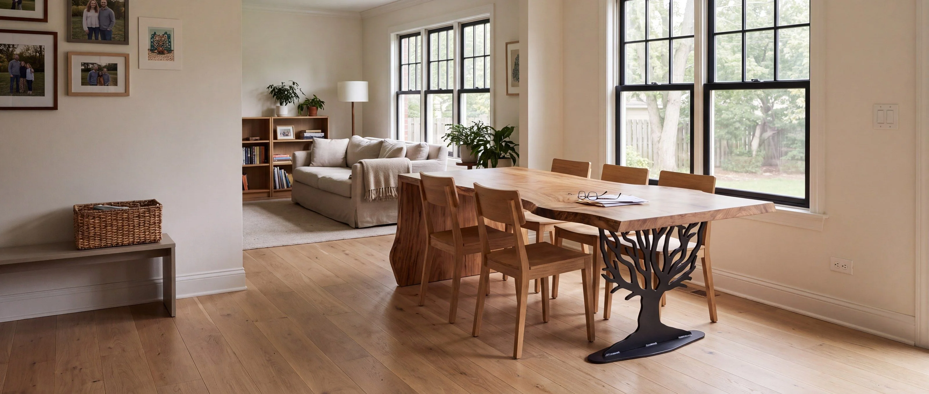 A rendering of a live-edge waterfall table whose slab turns down to the floor at one end, with a black steel tree base at the other, in an open-plan family room in daylight.