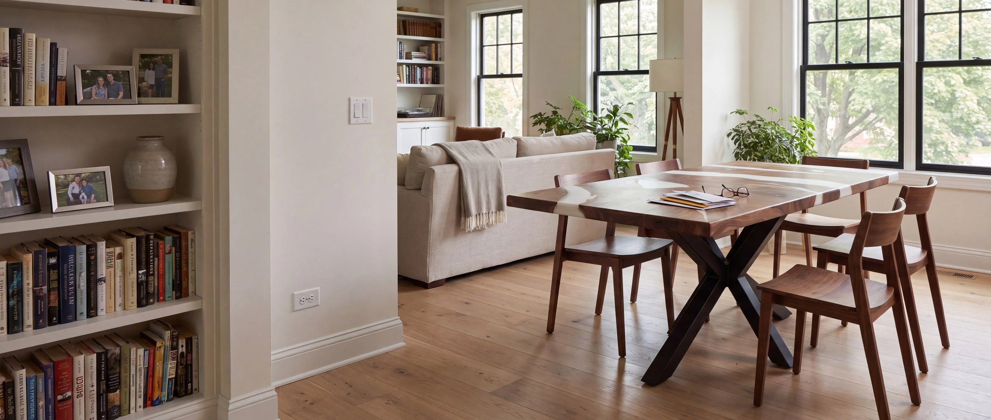 A rendering of a walnut table with several white resin rivers on a black steel star base, in an open-plan family room in daylight.