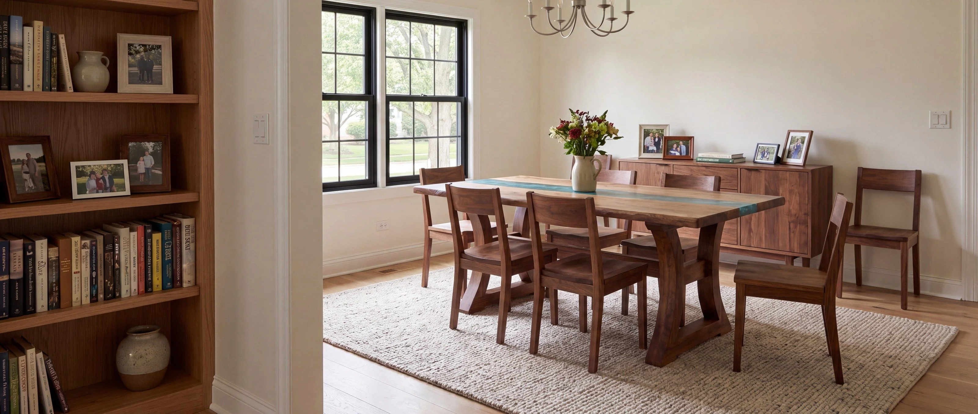 A rendering of a walnut slab table with a single teal resin river on curved open end frames, in a family dining room in daylight.