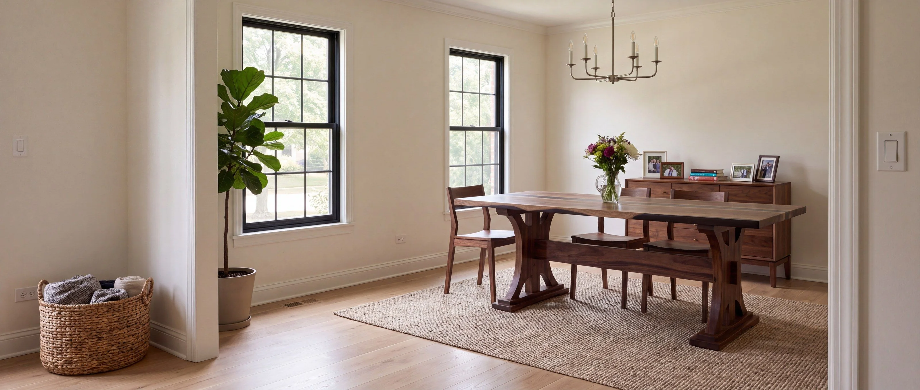 A rendering of a walnut live-edge table on arched trestle ends with a stretcher, in a family dining room in daylight.