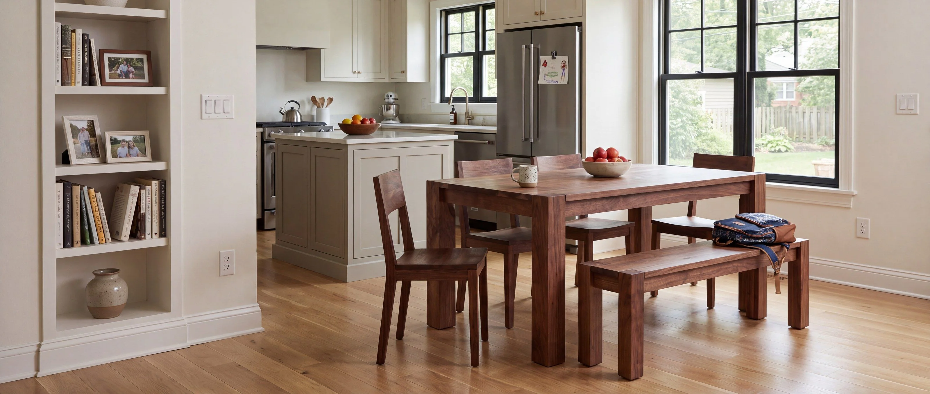 A rendering of a solid hardwood parsons-style table and bench, in a sunny eat-in kitchen.