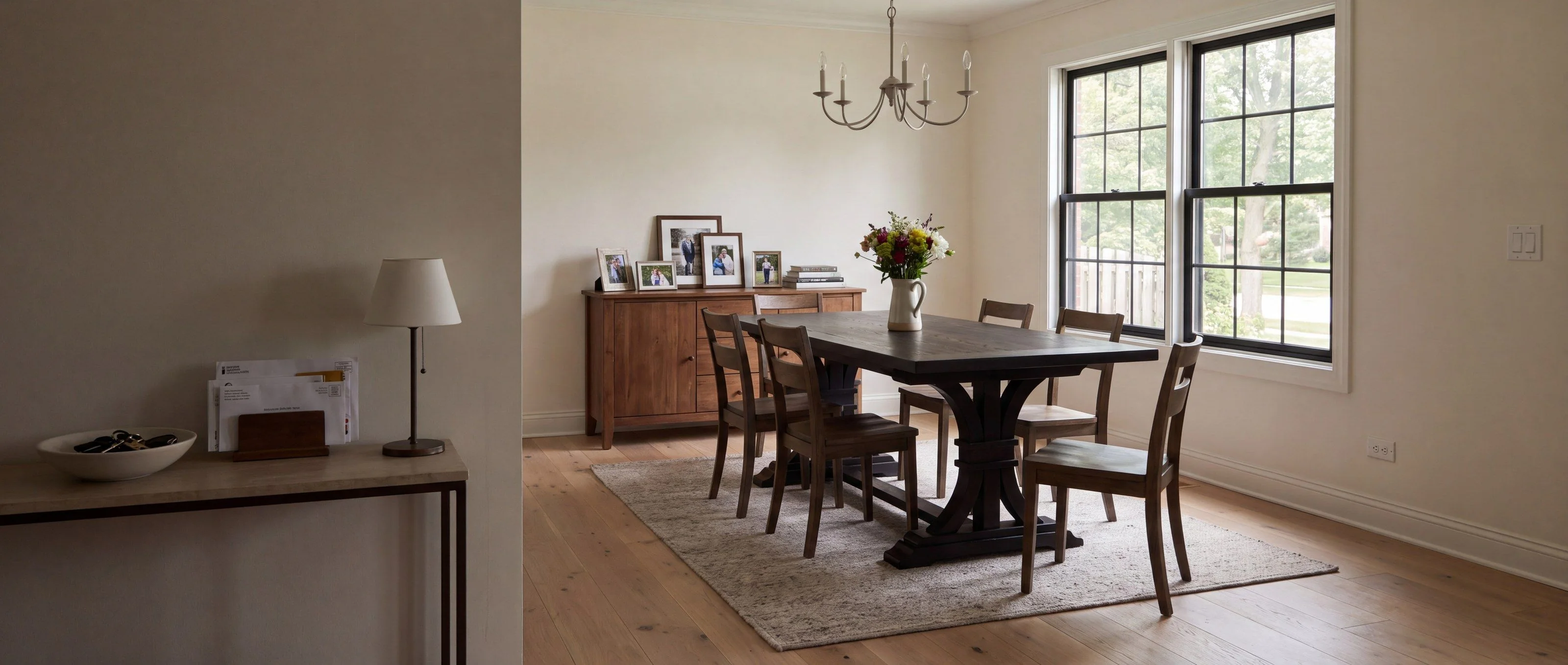 A rendering of the Regal trestle dining table, one of Rob's pieces, in a family dining room in daylight.