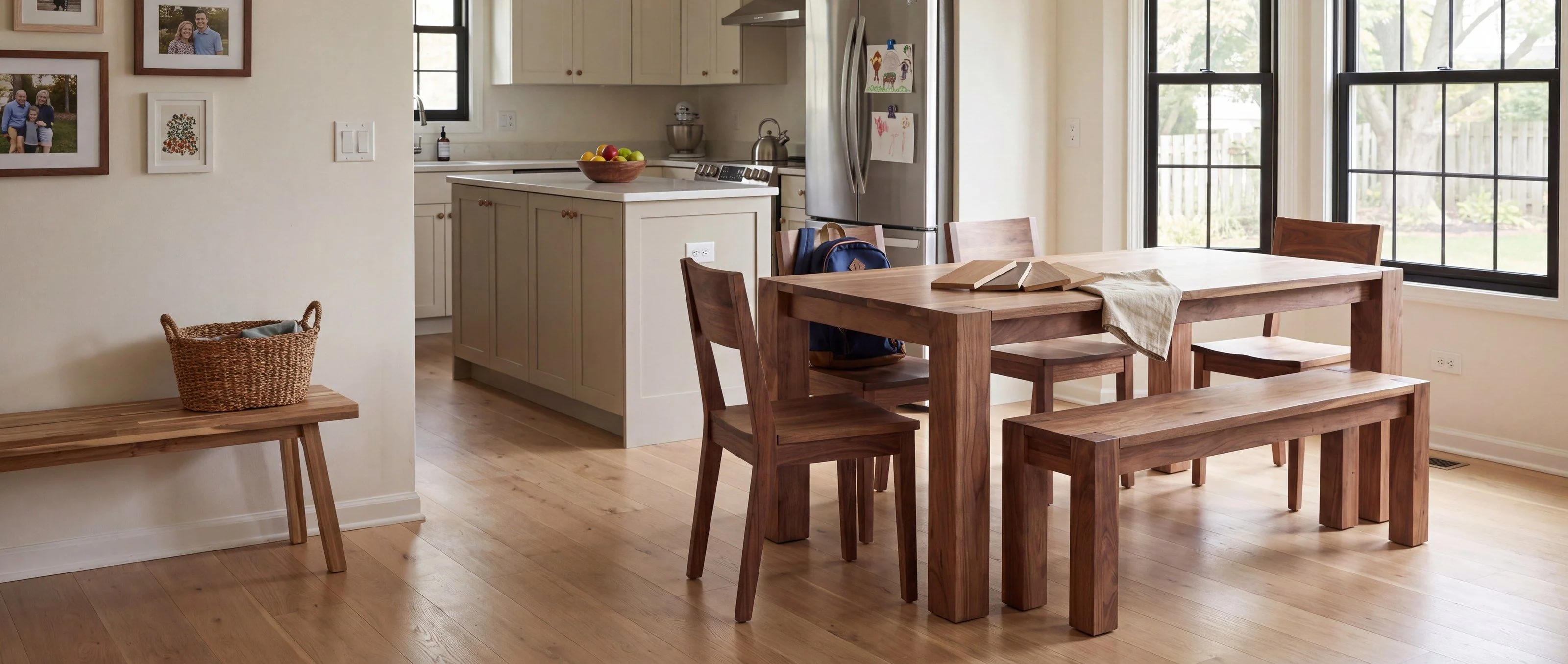 A rendering of a solid walnut dining table with a matching bench, one of Rob's pieces, in a sunny eat-in kitchen, with finish sample boards on the table.