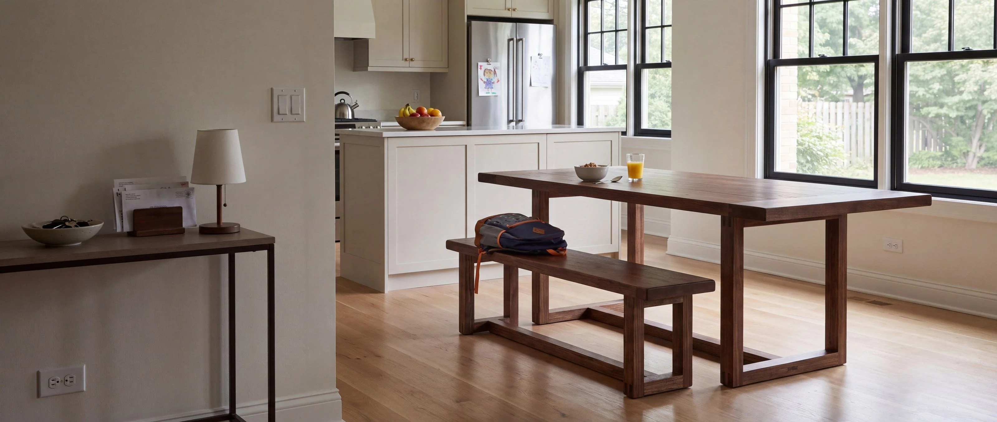 A rendering of a dining table and bench on open-loop frames, one of Rob's pieces, in a sunny eat-in kitchen.
