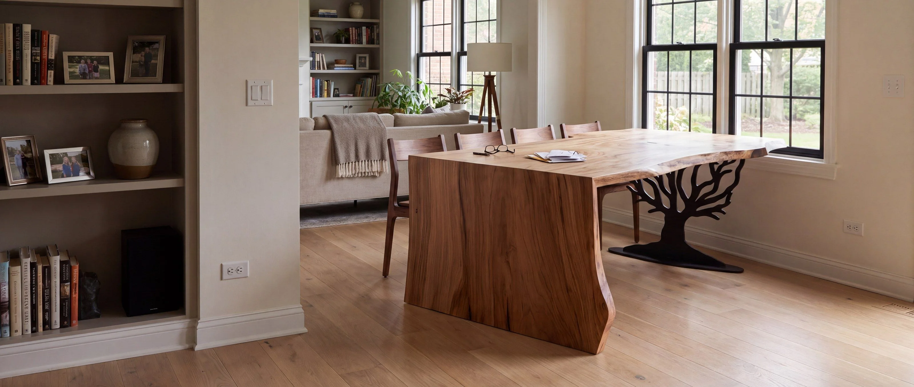 A rendering of a live-edge waterfall table with a steel tree base, one of Rob's pieces, in an open-plan family room in daylight.
