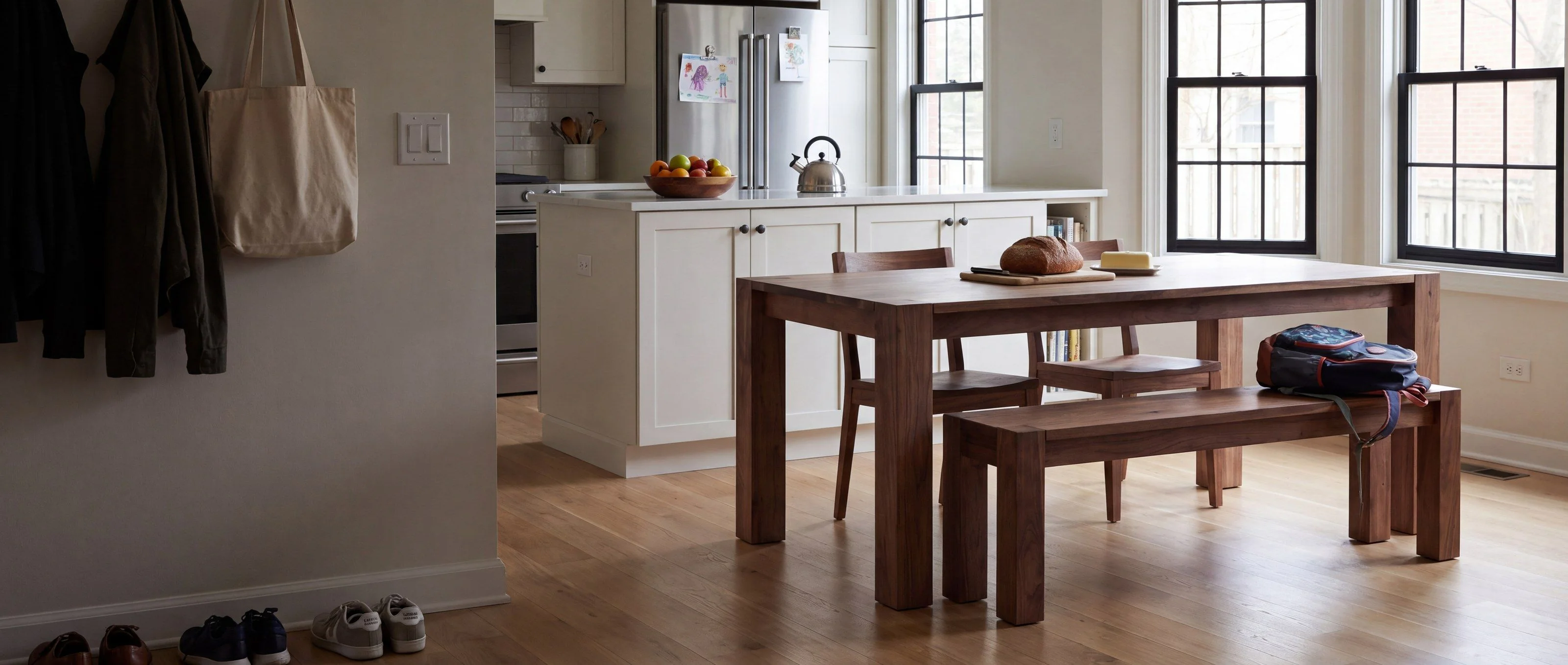 A rendering of a solid walnut dining table with a matching bench, one of Rob's pieces, in a sunny eat-in kitchen.