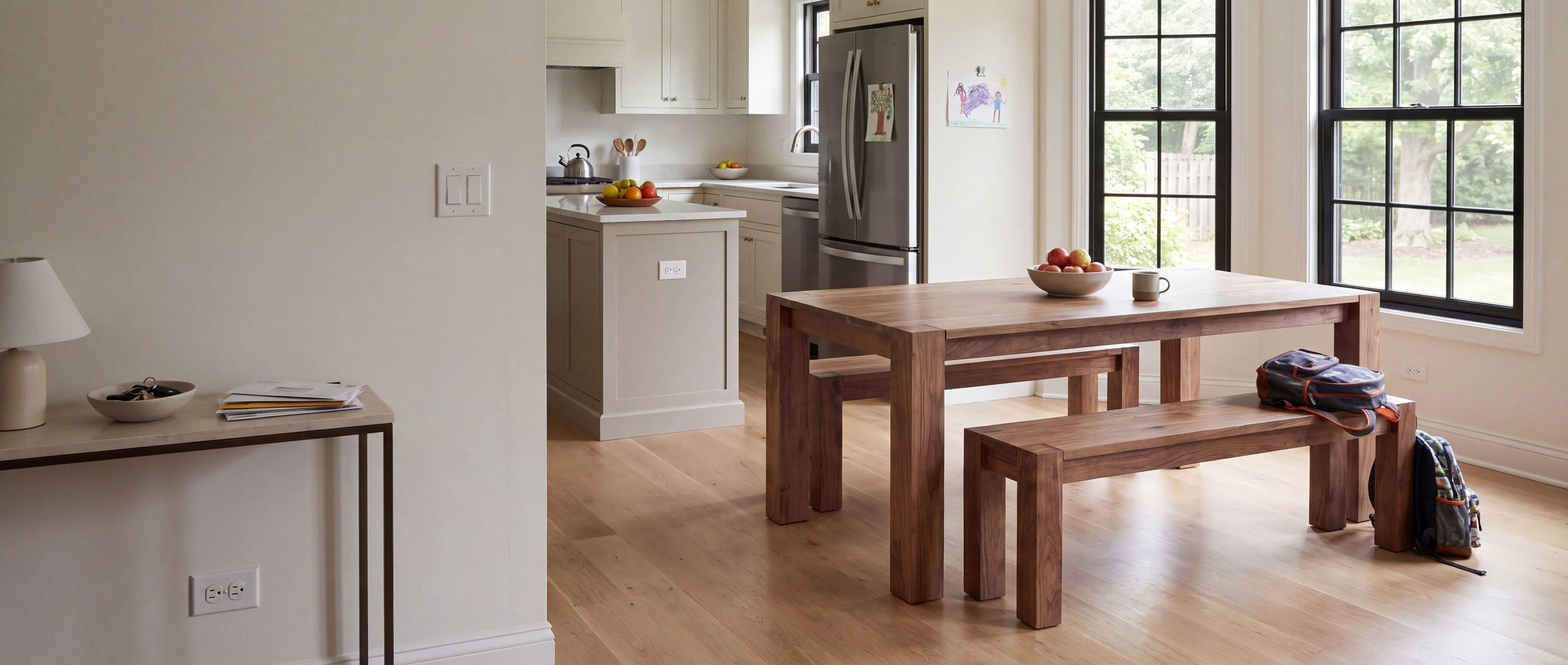 A rendering of a solid walnut dining table with a matching bench, one of Rob's pieces, in a sunny eat-in kitchen.