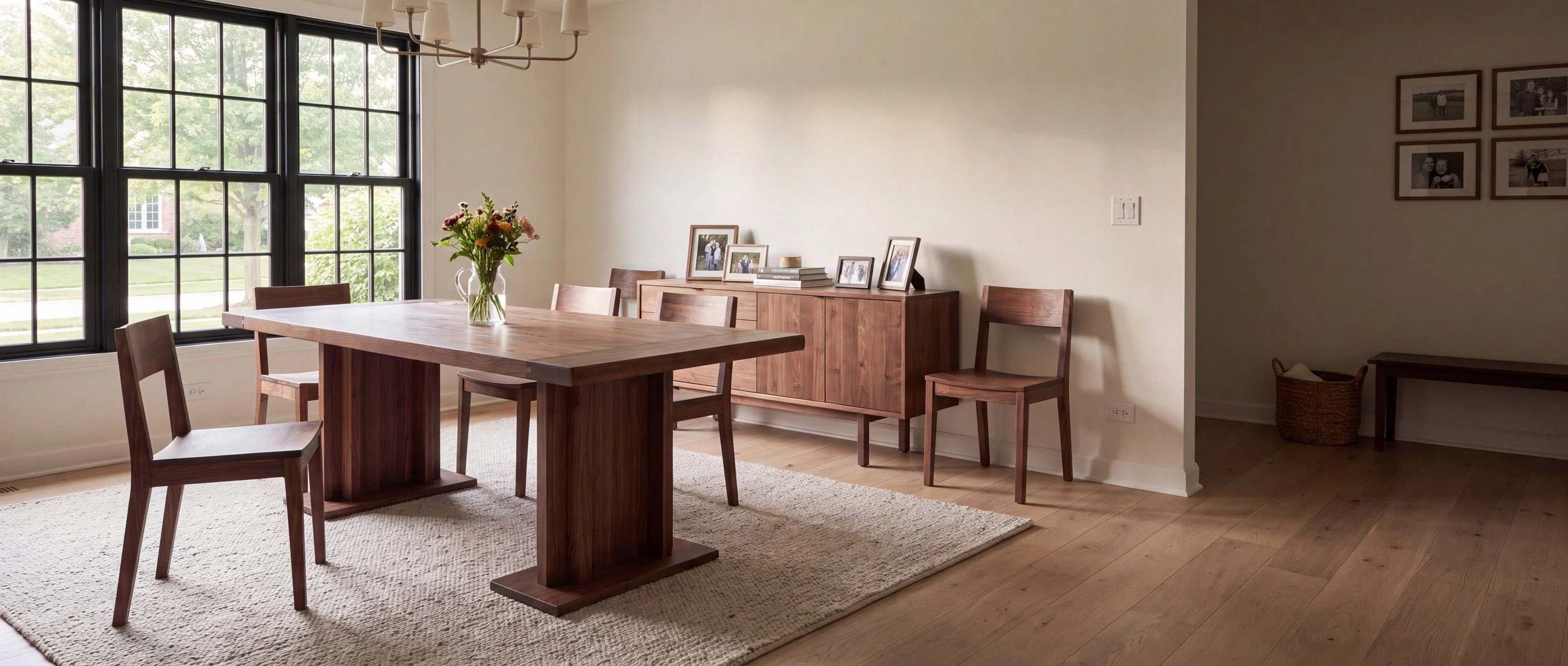 A rendering of a walnut dining table on two slab legs, one of Rob's pieces, in a family dining room in daylight.