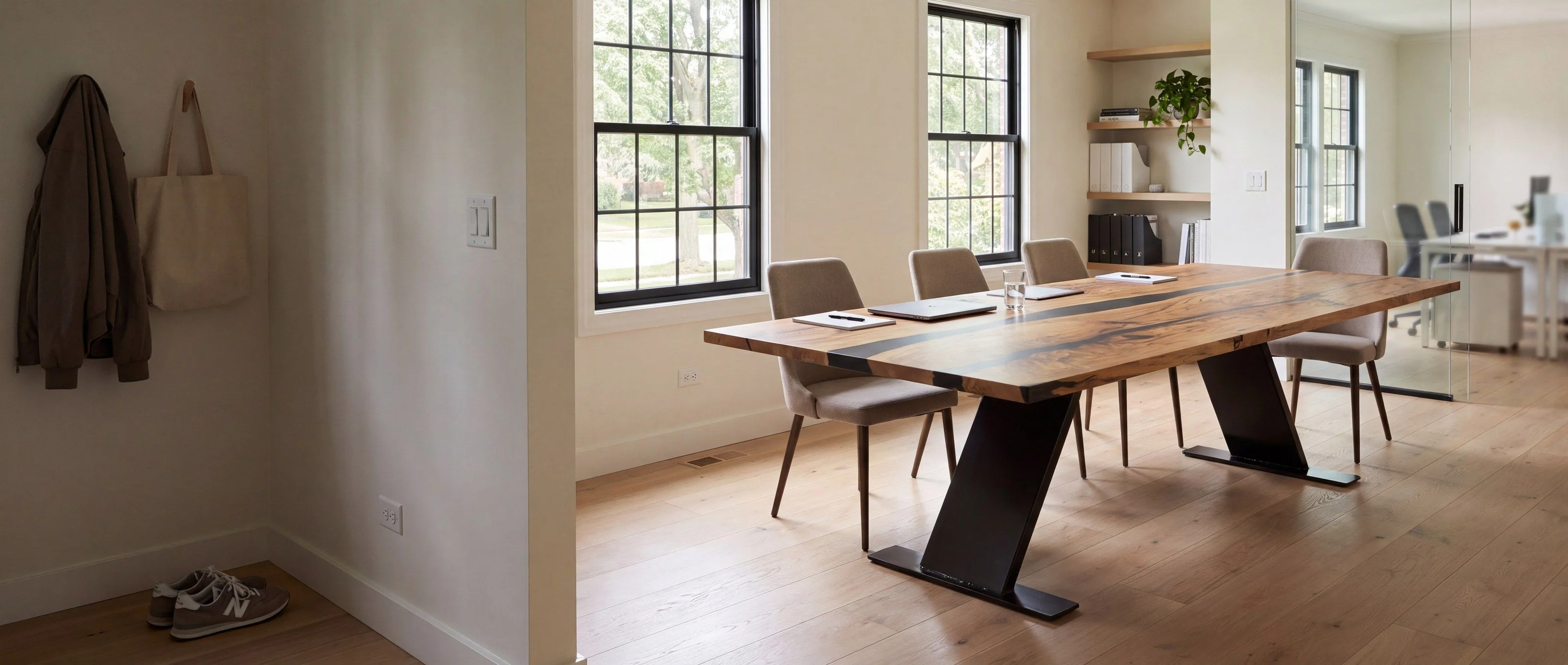 A rendering of a slab conference table with a black resin river on angled steel legs, one of Rob's pieces, in an office meeting room in daylight.