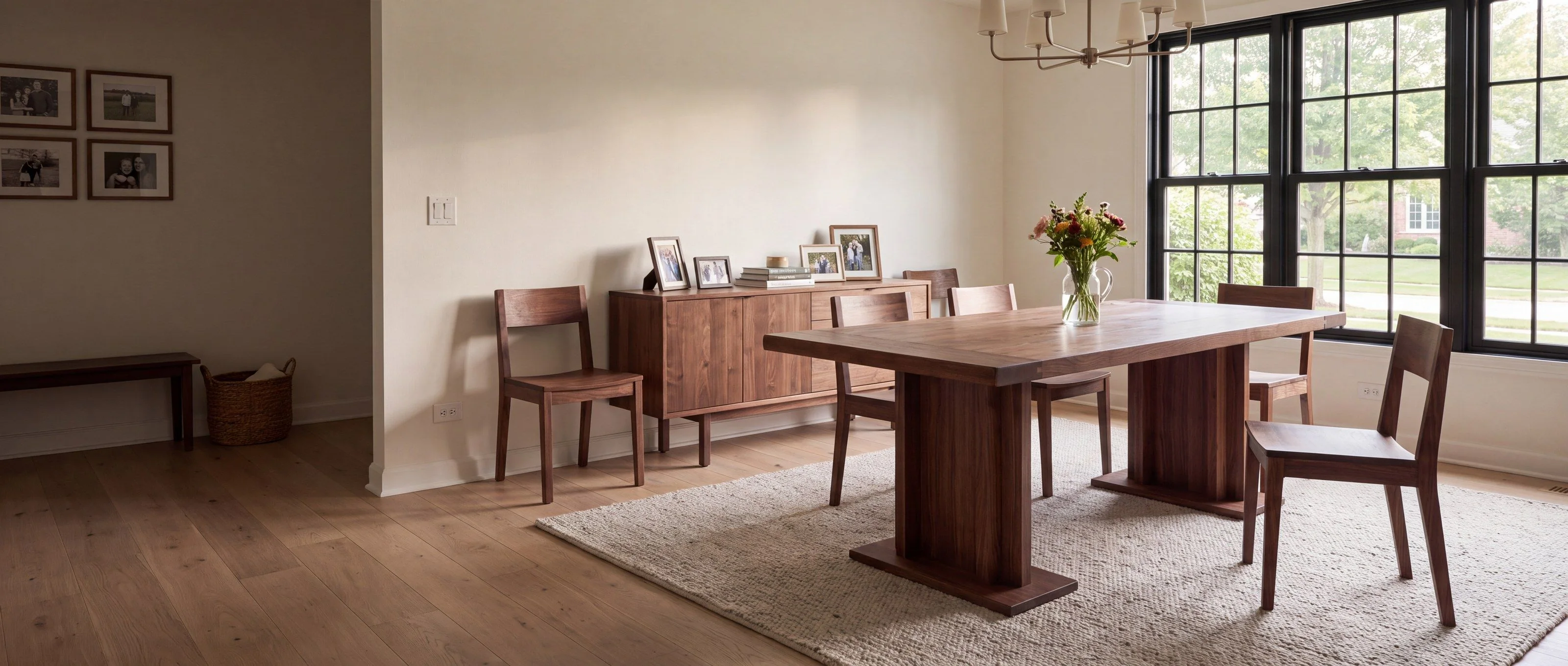 A rendering of a walnut dining table on two slab legs, one of Rob's pieces, in a family dining room in daylight.