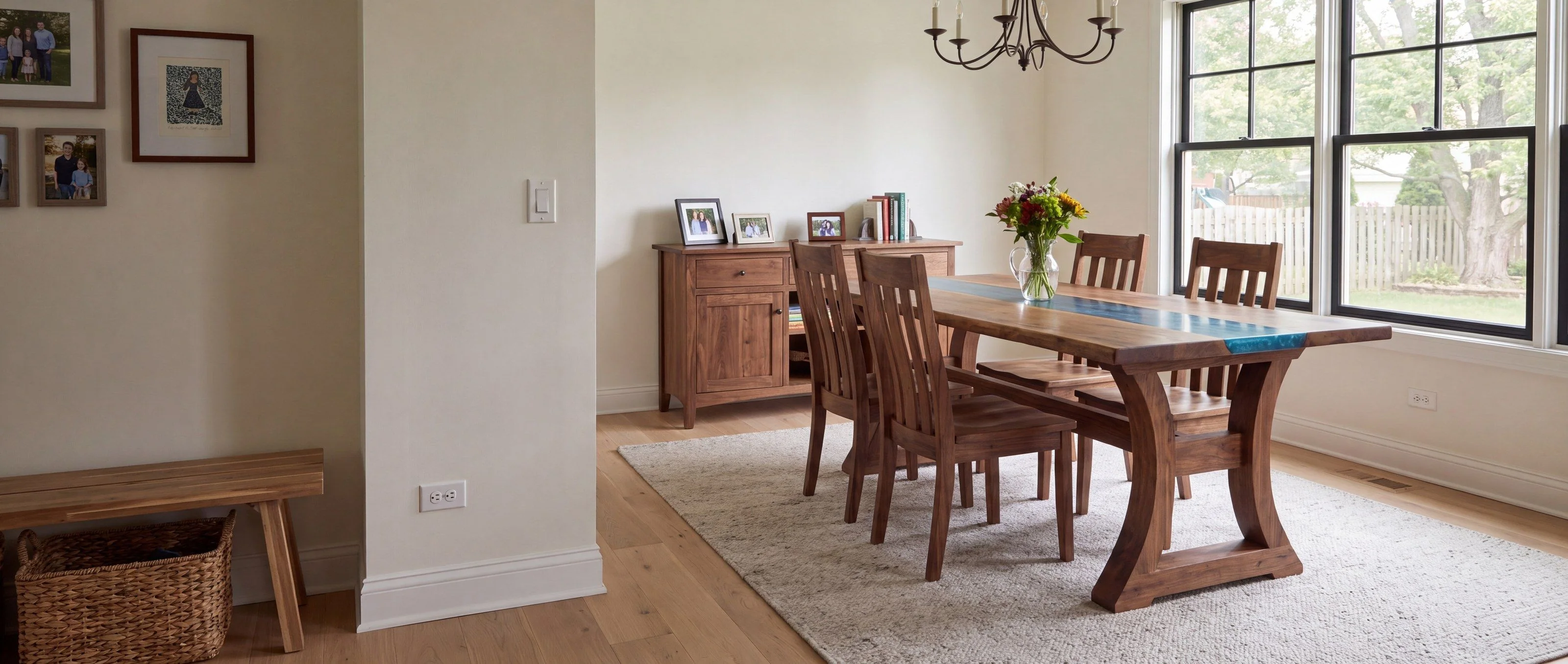 A rendering of a live-edge slab table with a single teal resin river, one of Rob's pieces, in a family dining room in daylight.