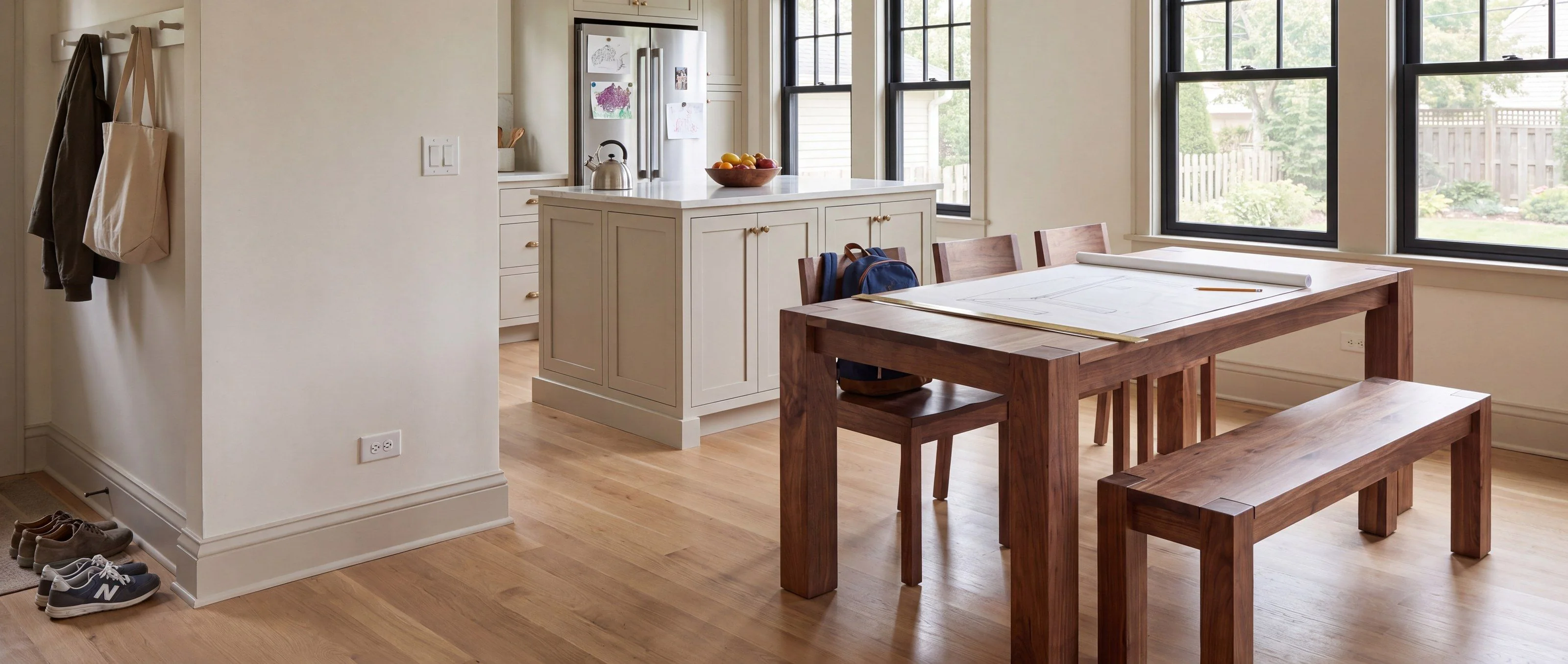 A rendering of a solid walnut dining table with a matching bench, one of Rob's pieces, in a sunny eat-in kitchen, with a pencil drawing of a table laid on top.