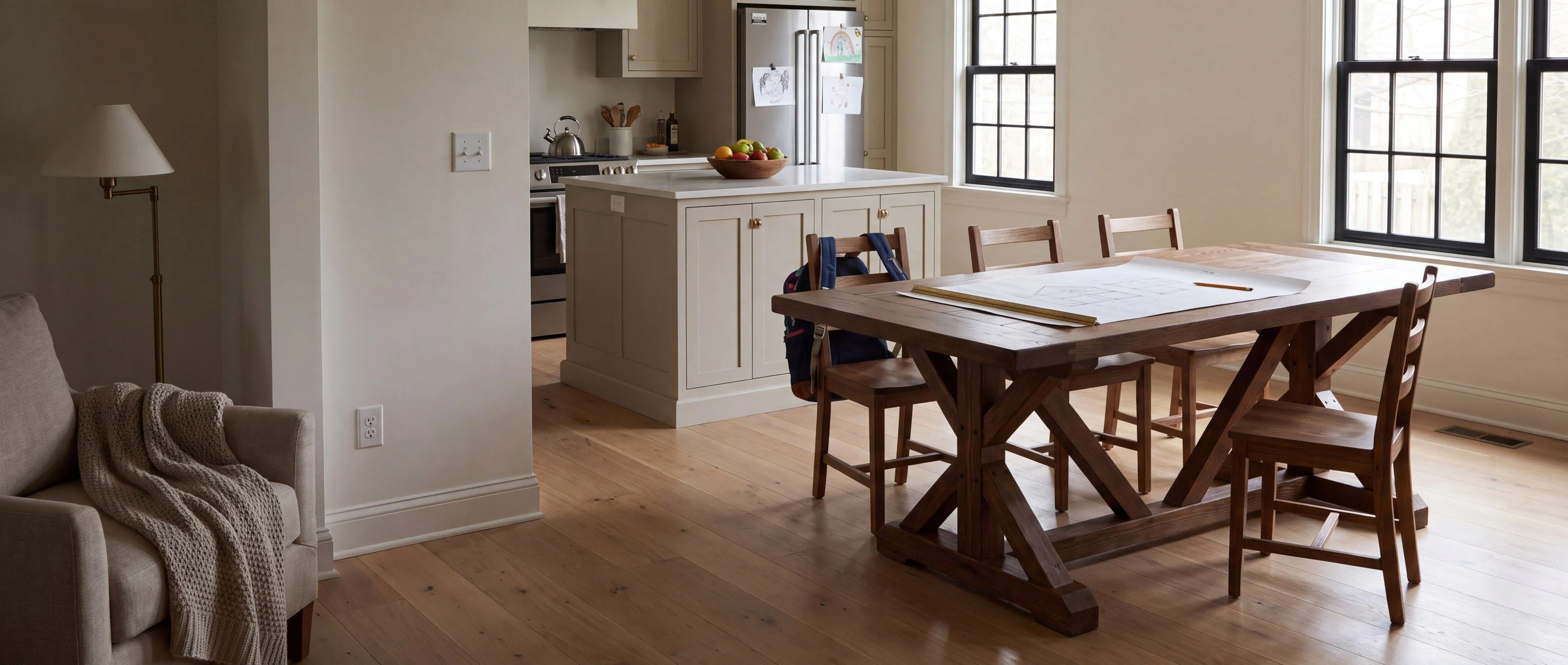 A rendering of an X-based trestle dining table, one of Rob's pieces, in a sunny eat-in kitchen, with a pencil drawing of a table laid on top.