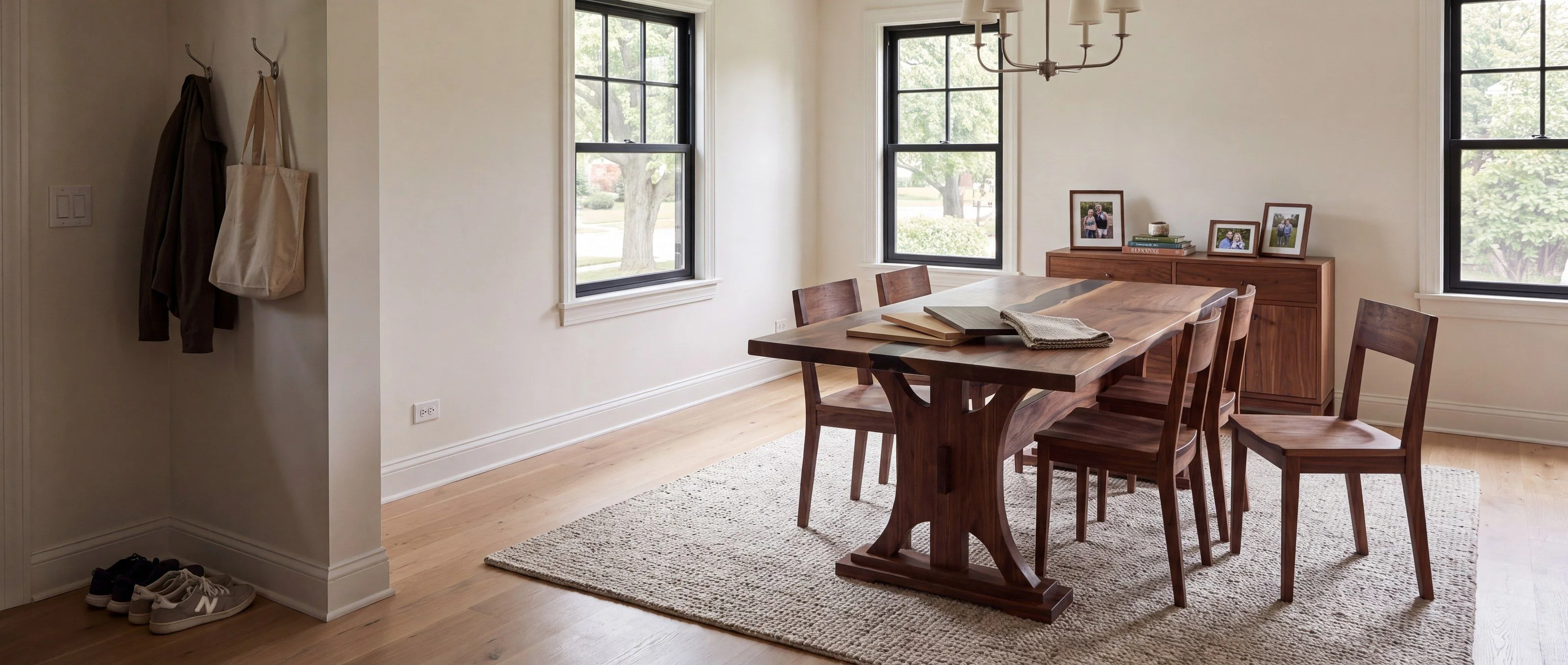 A rendering of the Regal Arc trestle dining table, one of Rob's pieces, in a family dining room in daylight, with finish sample boards on the table.