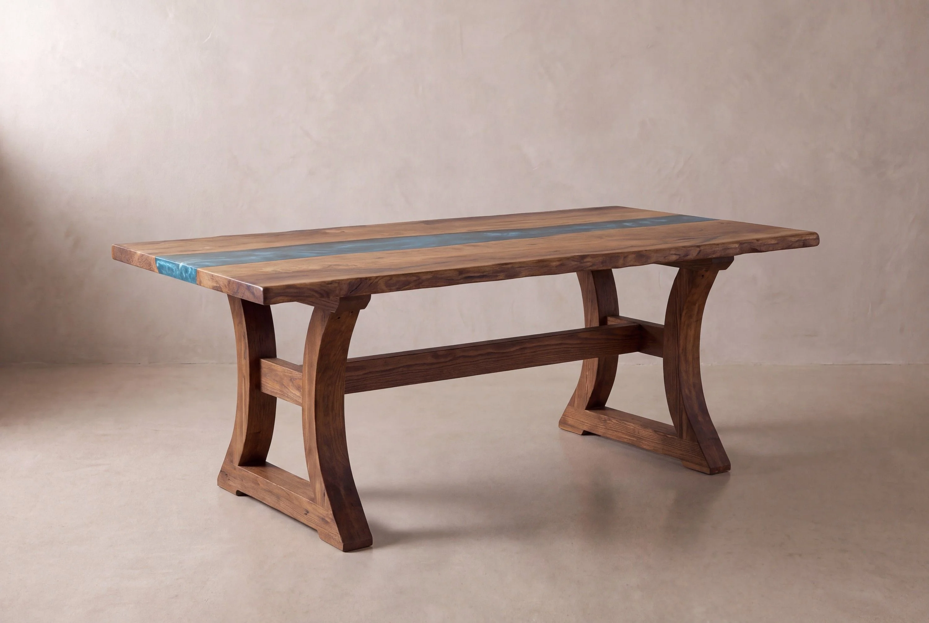 A rendering of a live edge table with a single blue resin river on curved timber trestle ends, in a limewash studio.
