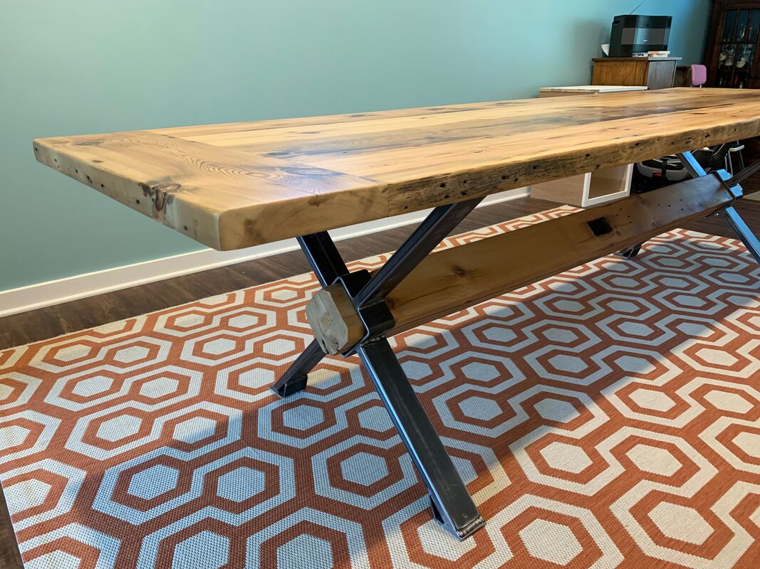 Epoxy filled x-beam based barnwood table with two extensions